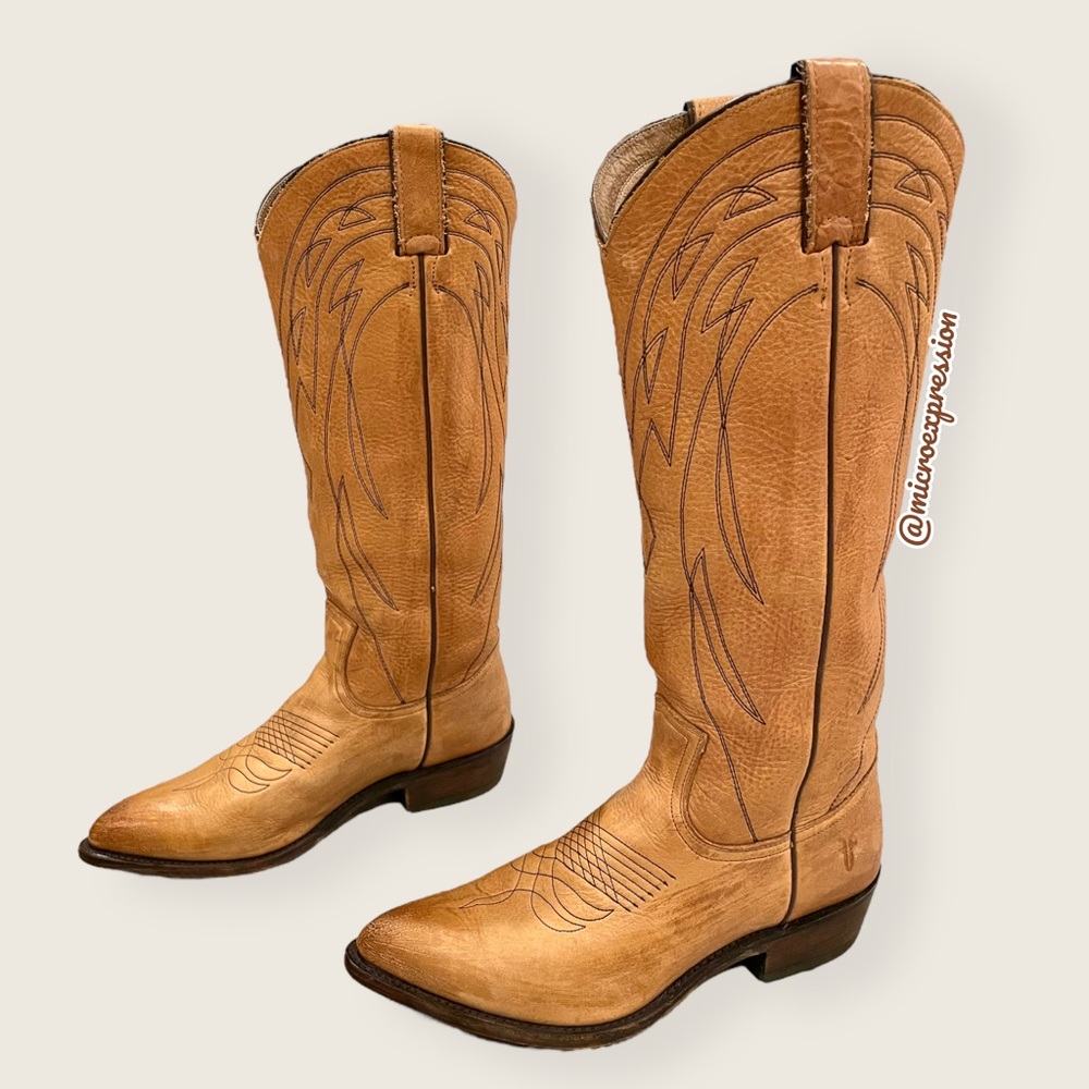 $399 Frye Billy Pull On Tan Leather Embroidered Tonal Stitch Tall Cowboy Boots - Picture 14 of 16